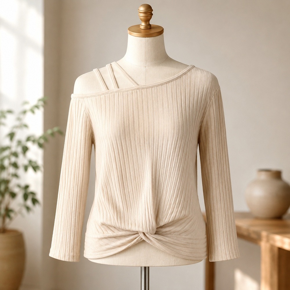 NWT Cupshe Ribbed Knit Top Womens XL Beige Cold Shoulder Twist Front Long Sleeve